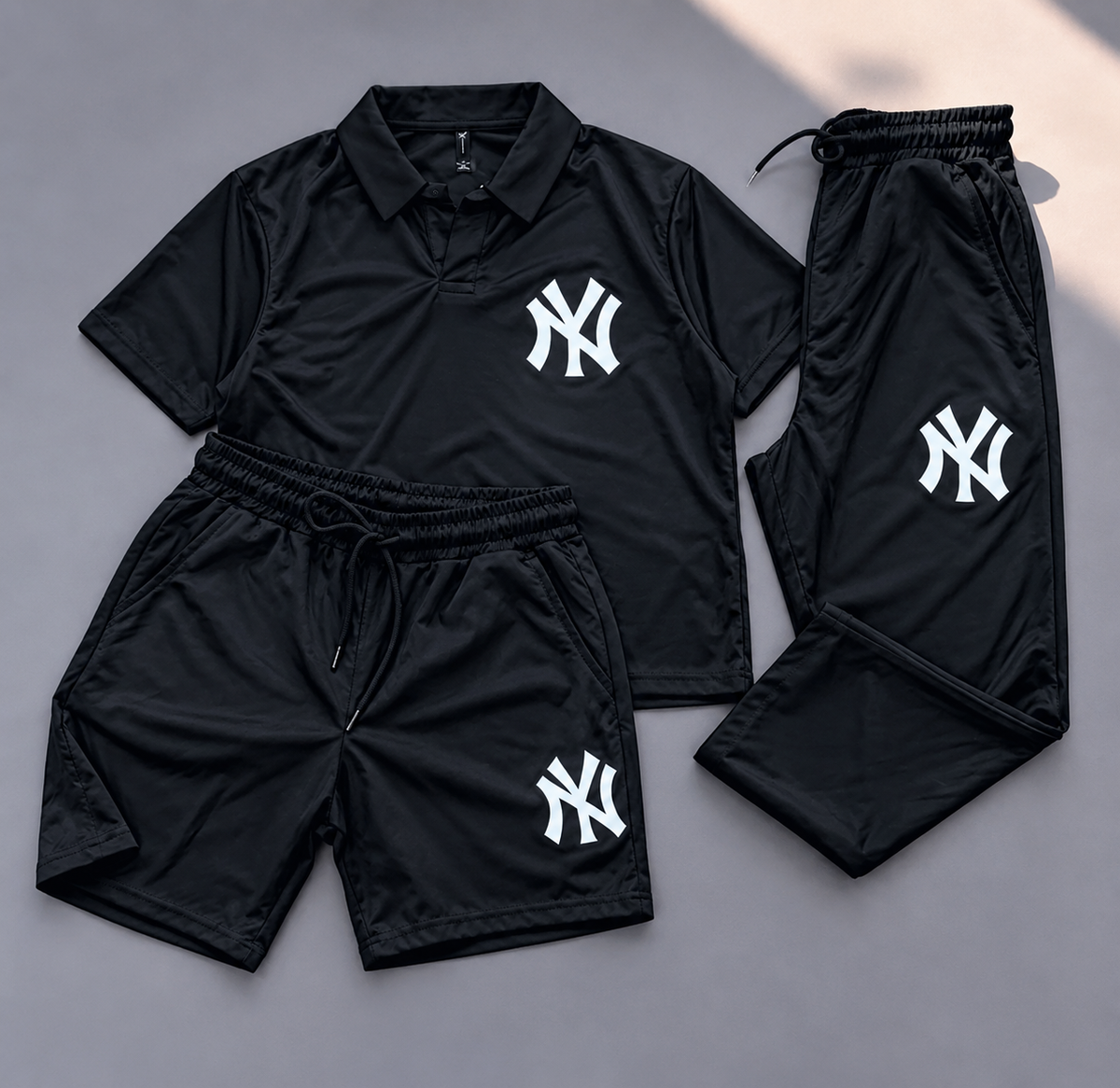 NY Embroidered 3-Piece Track Suit for Men – Polo T-Shirt, Shorts & Trouser (Black)