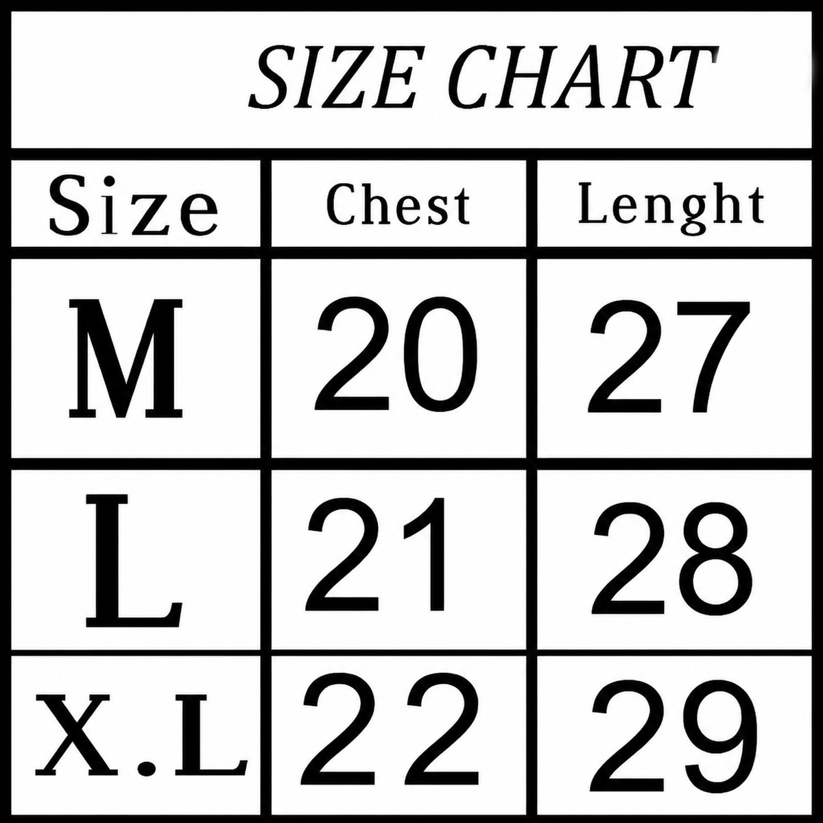 A black and white size chart table with columns labeled Size, Chest, and Lenght, showing M, L, and X.L measurements.