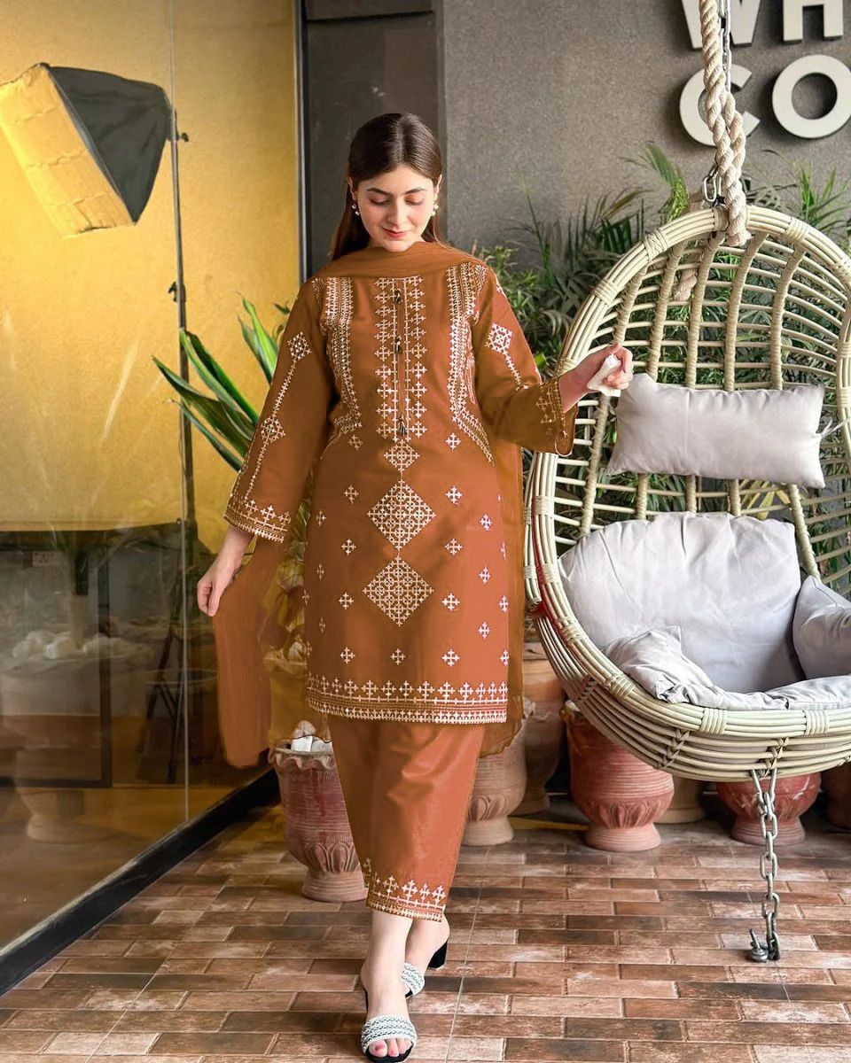 3 Piece Bareeza Cotton Suit for Women – Sequence Embroidered Shirt with Trouser & Chiffon Dupatta