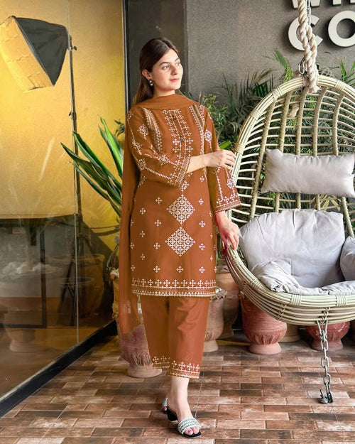 3 Piece Bareeza Cotton Suit for Women – Sequence Embroidered Shirt with Trouser & Chiffon Dupatta