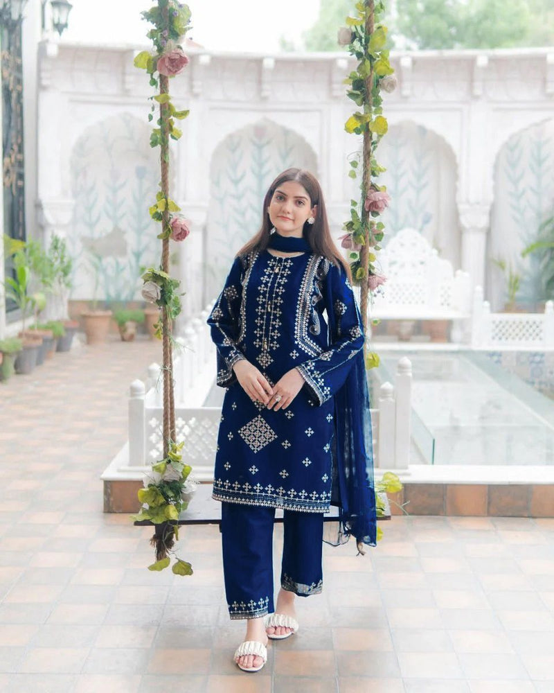 3 Piece Bareeza Cotton Suit for Women – Sequence Embroidered Shirt with Trouser & Chiffon Dupatta