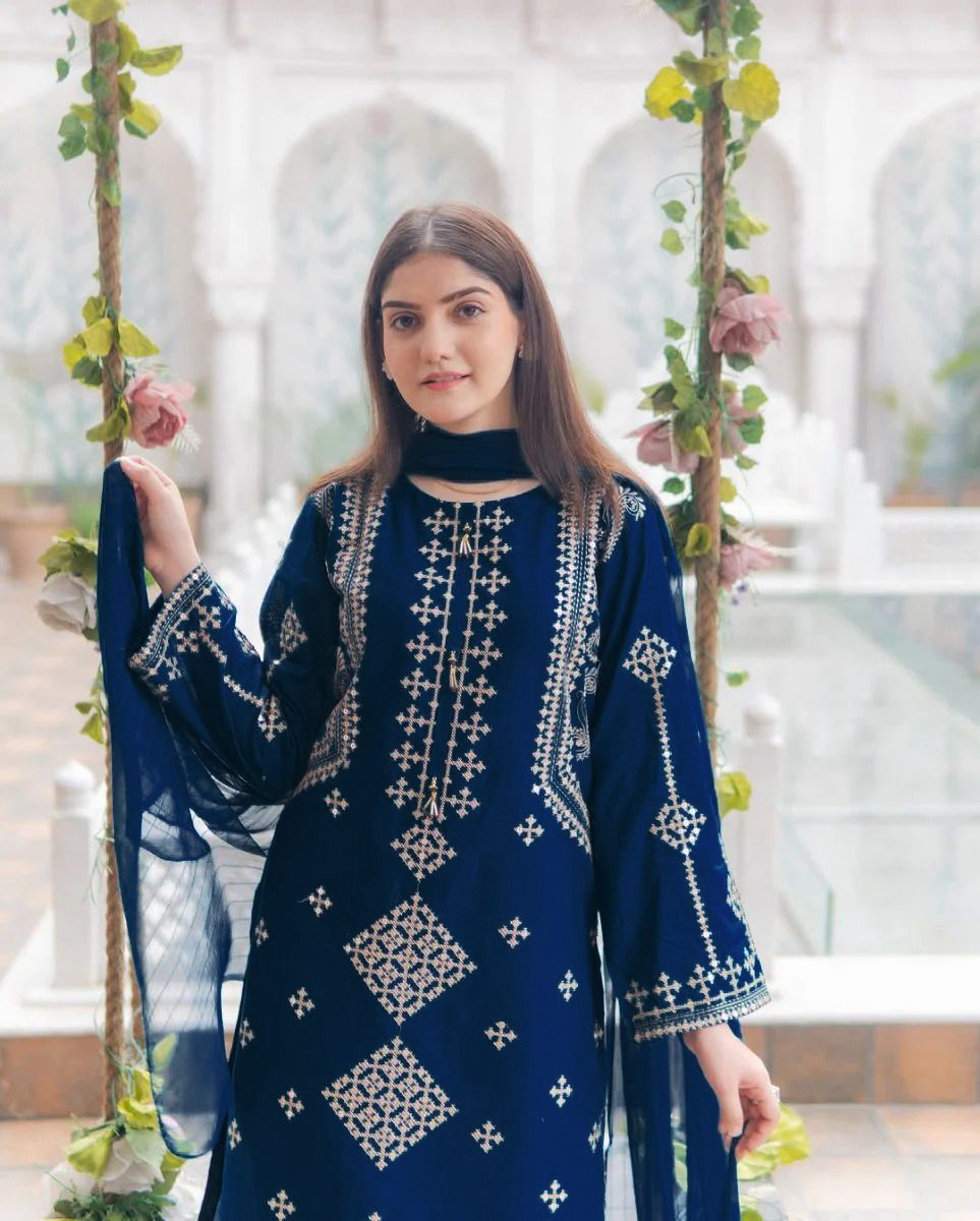 3 Piece Bareeza Cotton Suit for Women – Sequence Embroidered Shirt with Trouser & Chiffon Dupatta