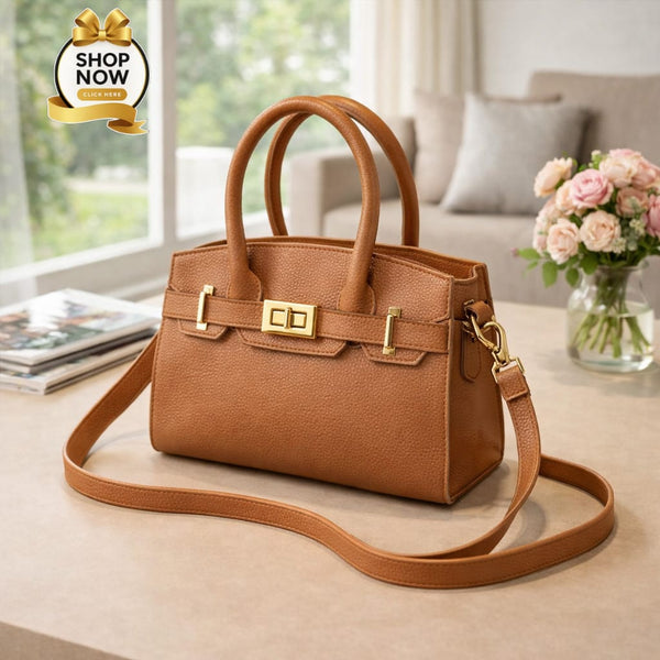 Brown handbag on a table with a 'Shop Now' button overlay