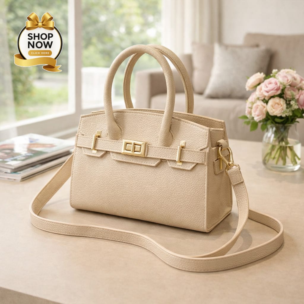 Beige handbag with gold accents on a table with a 'Shop Now' button overlay.