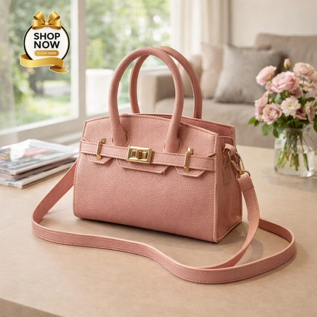 Pink handbag on a table with a 'Shop Now' button overlay