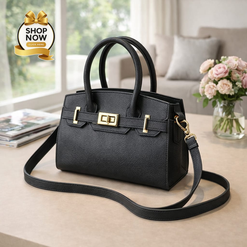 Black handbag with gold accents on a table with a 'Shop Now' button overlay.