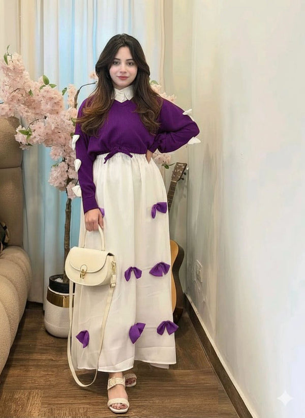 2PC Georgette Maxi Dress Set for Women – V Neck Bow Top with Long Flare Maxi (Elegant Party Wear)