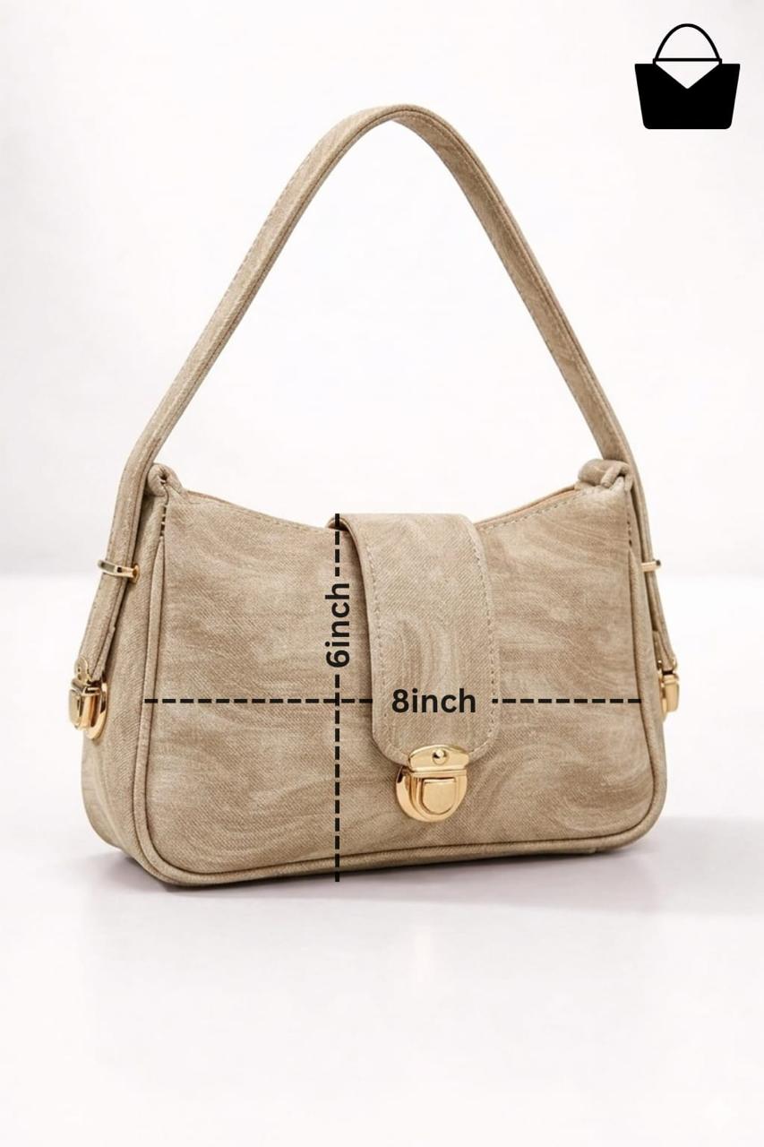 Beige handbag with measurements on a white background