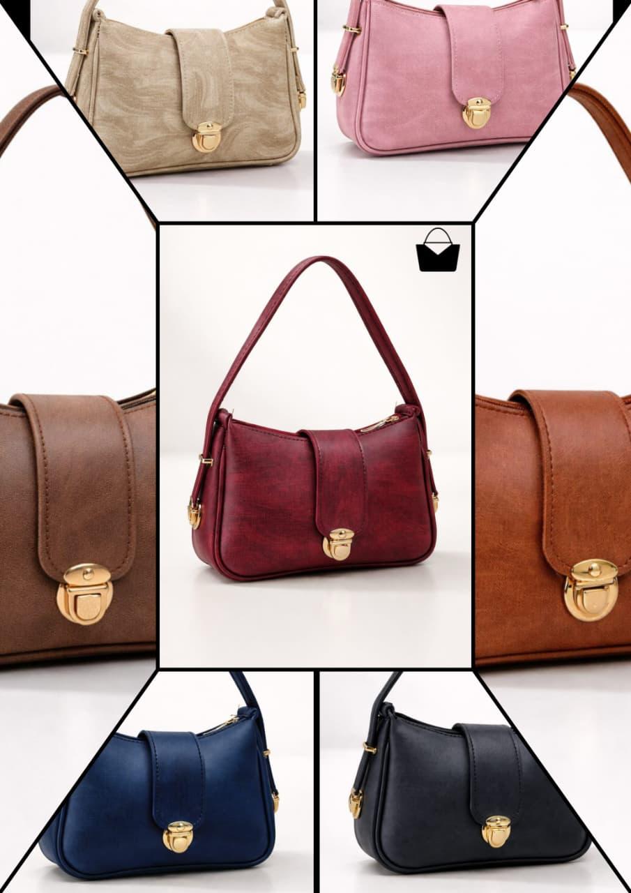 Collage of various handbags in different colors on a white background