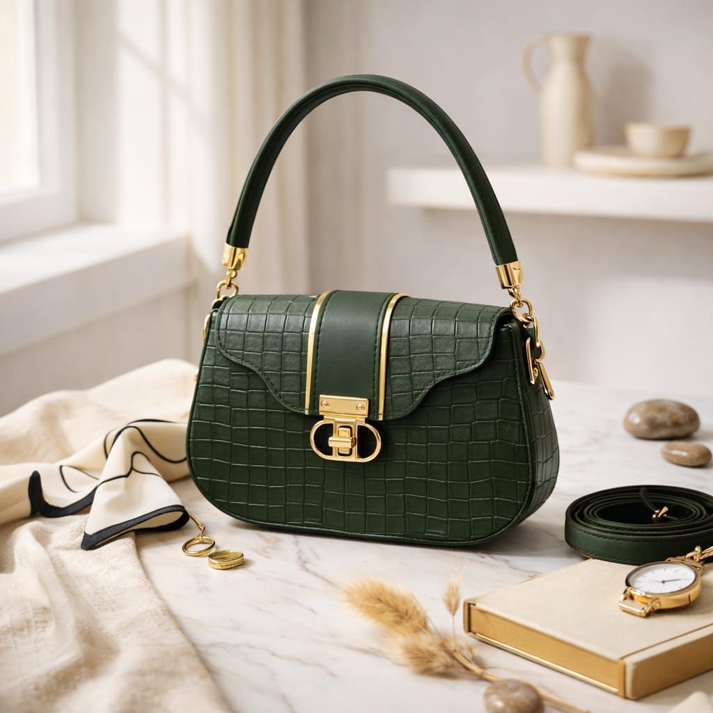 Green handbag with gold accents on a light surface with decorative items