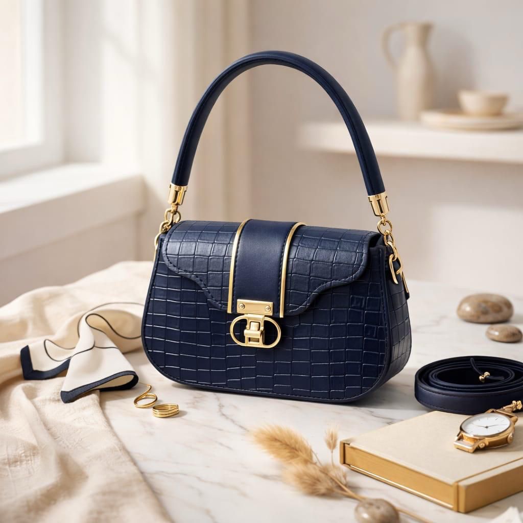 Navy blue handbag with gold accents on a light surface with decorative items.