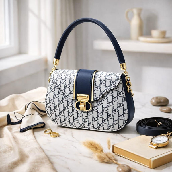 Designer handbag with blue accents on a table with accessories