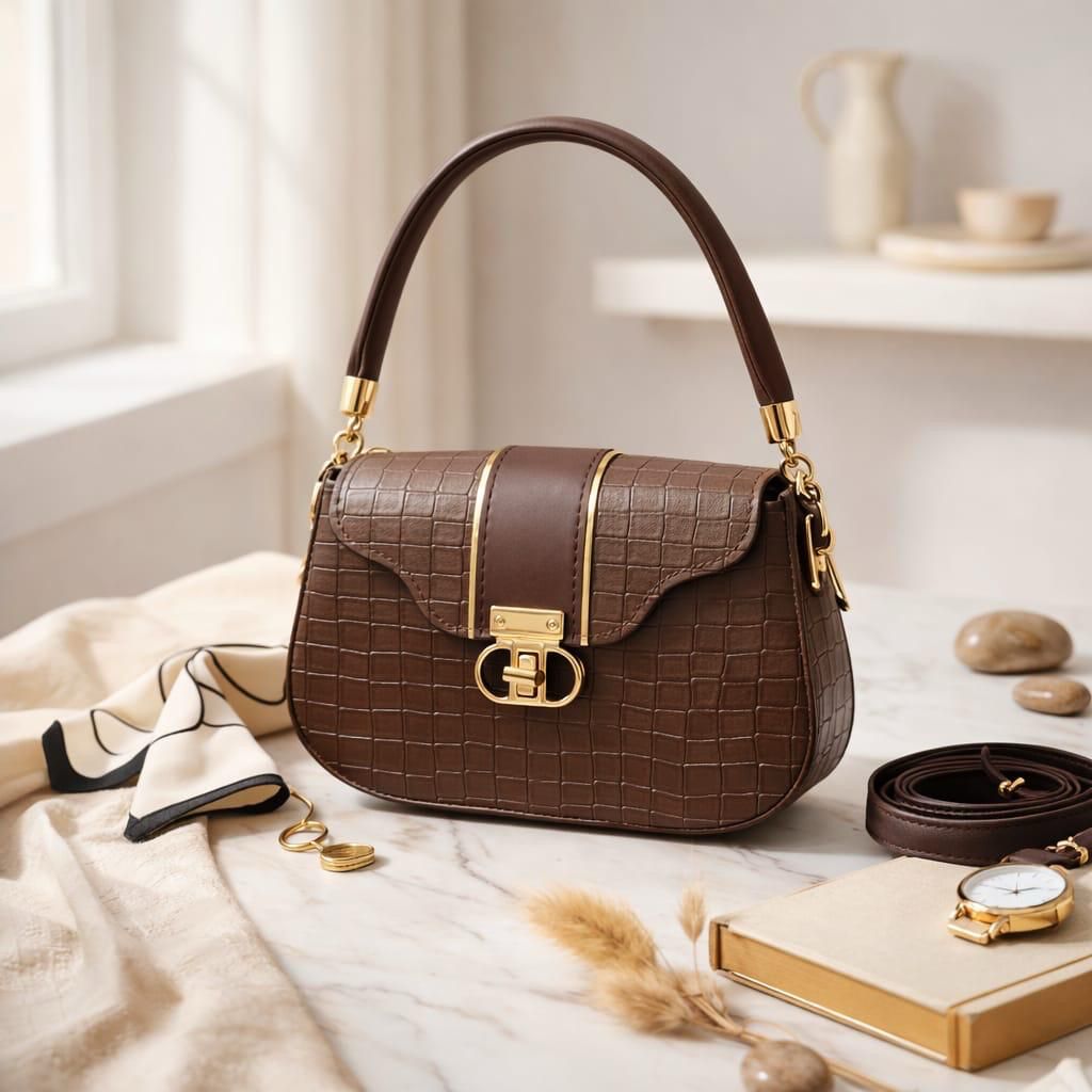 Brown handbag with gold accents on a light surface with decorative items.