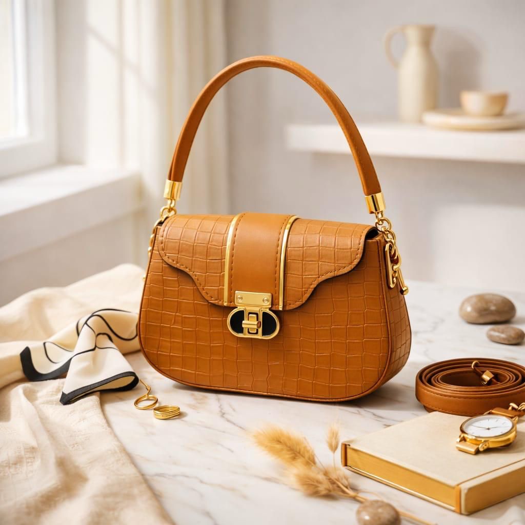 Orange handbag with gold accents on a light surface with decorative items.